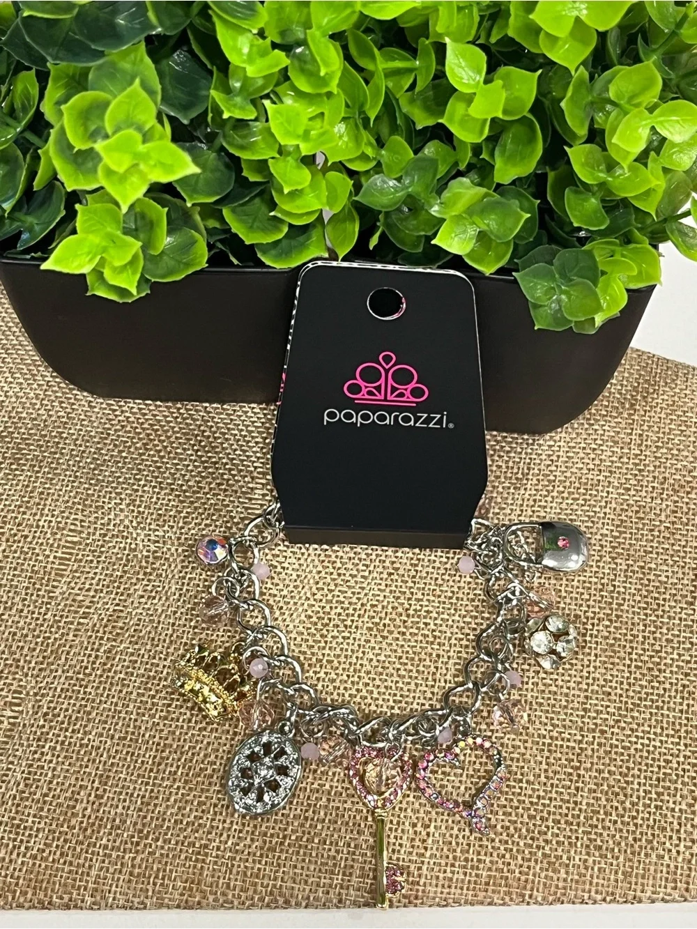 Paparazzi Silver and Pink Crystal Charm Bracelet